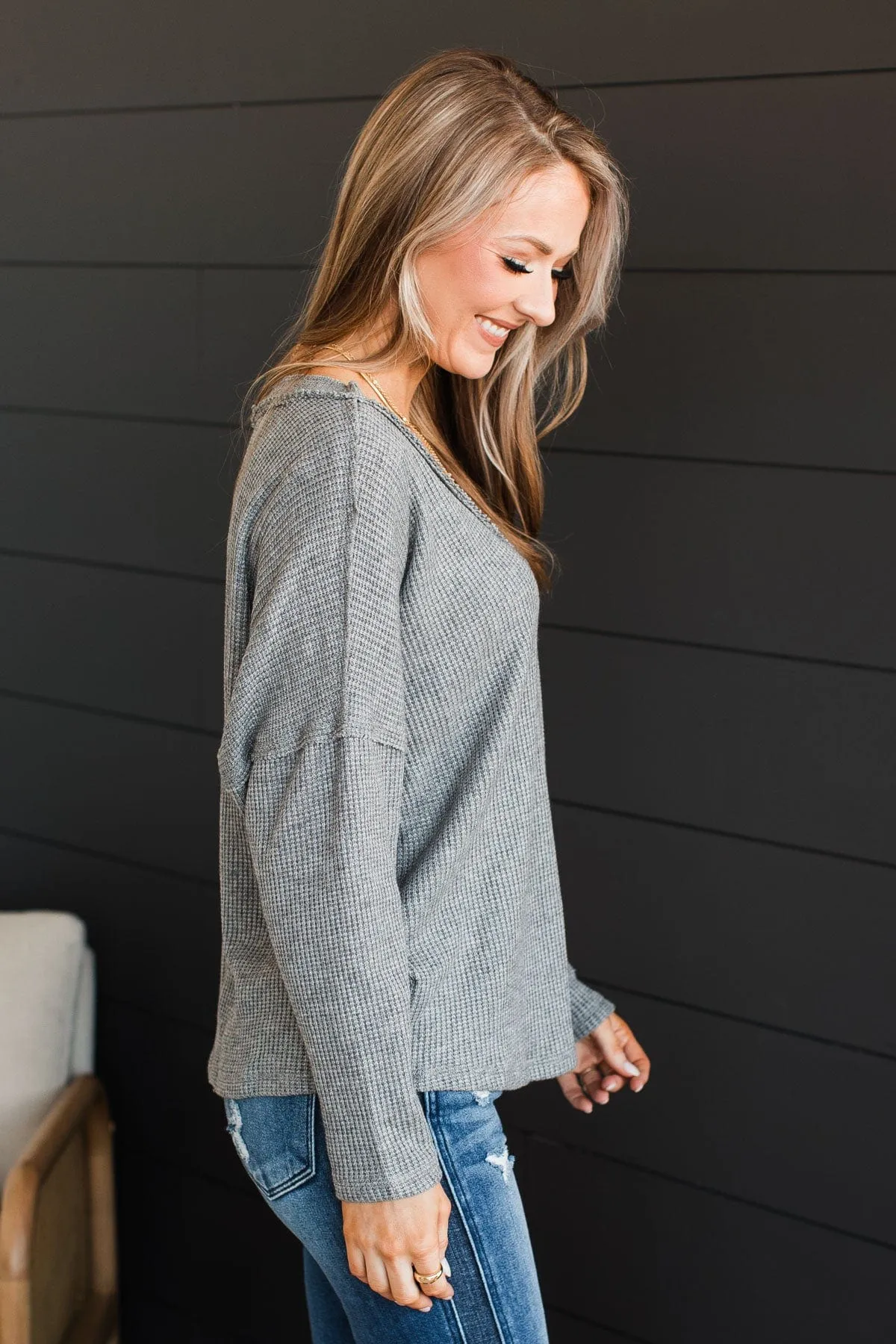 Effortlessly Happy V-Neck Knit Top- Grey