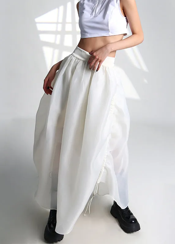 French White Drawstring High Waist Tulle Skirt Summer AS1053