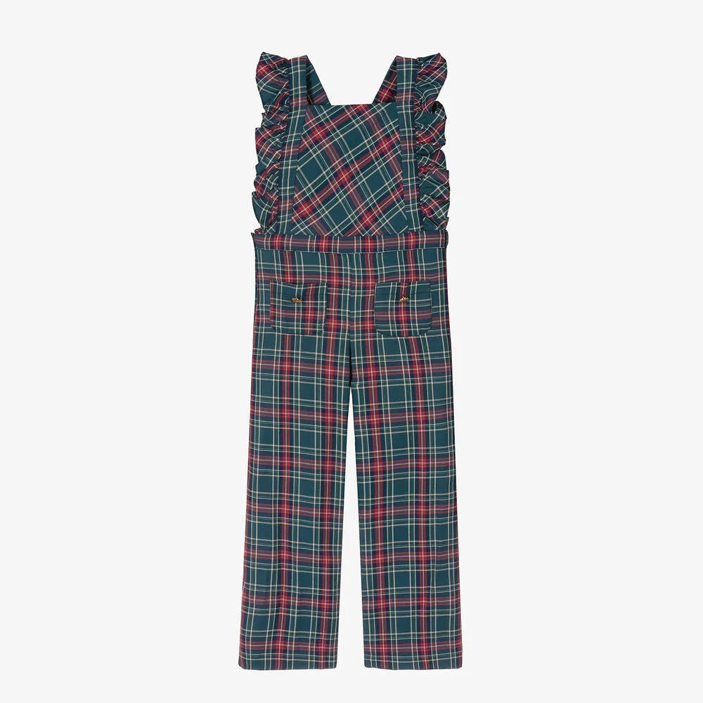 Girls Green Tartan Dungarees