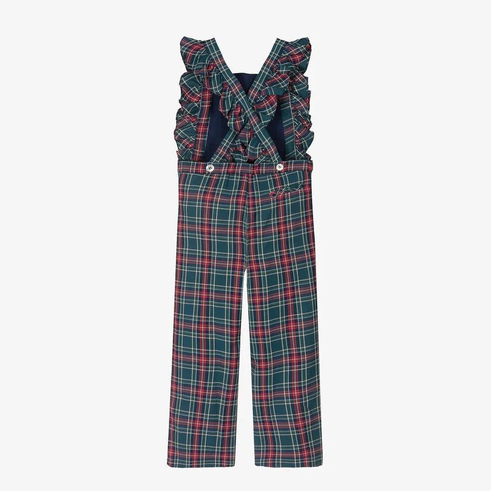 Girls Green Tartan Dungarees