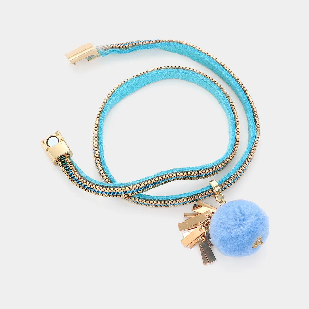 iLLASPARKZ Pom Pom Charm Faux Suede Wrap Magnetic Bracelet