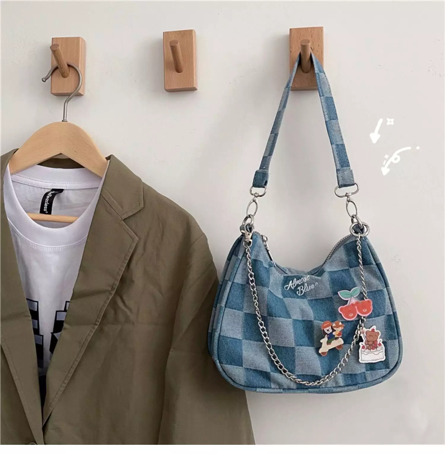 INS JAPANESE DENIM PLAID RETRO SHOULDER BAG BY90112