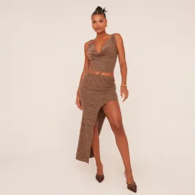 Low Rise Side Split Distressed Maxi Skirt In Brown