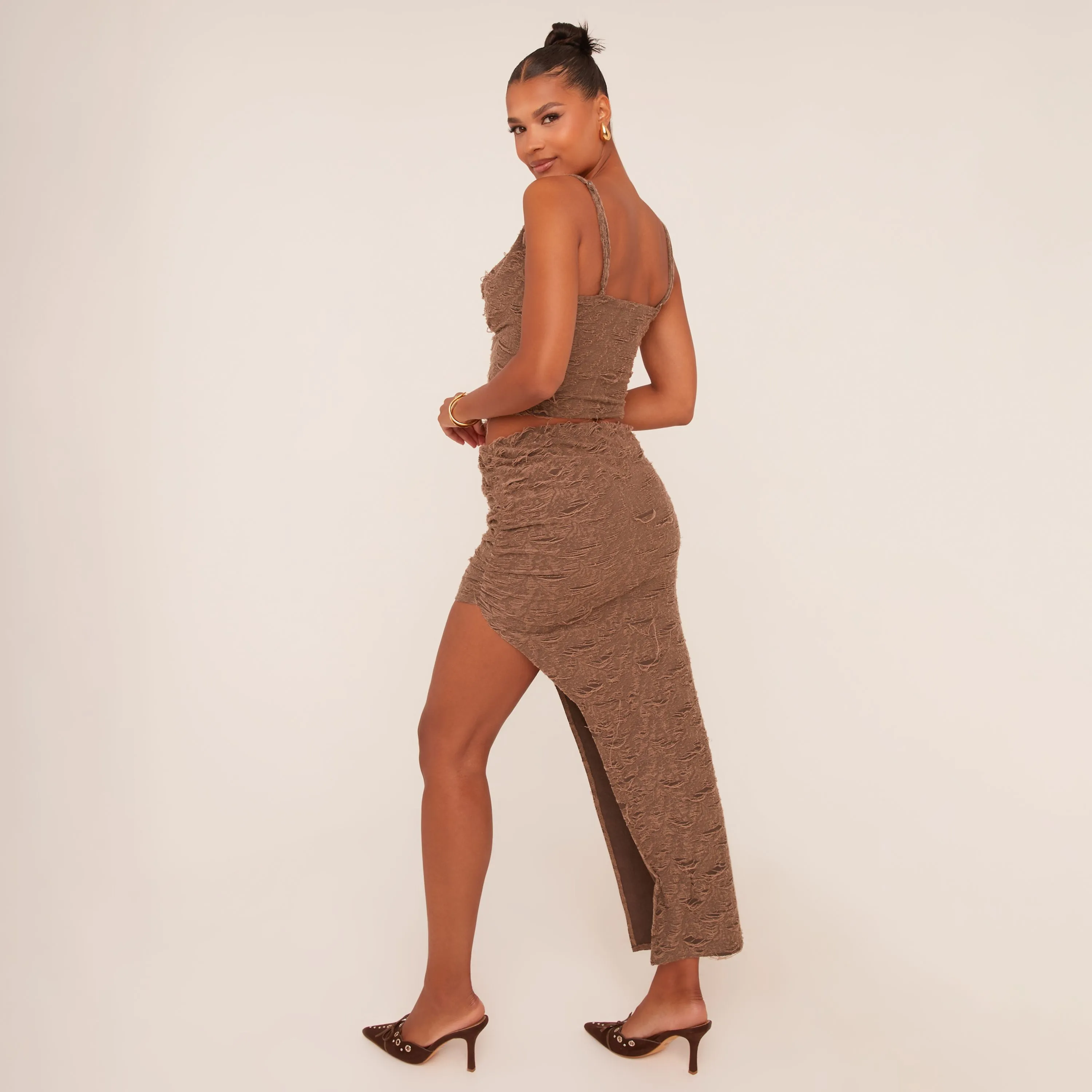 Low Rise Side Split Distressed Maxi Skirt In Brown