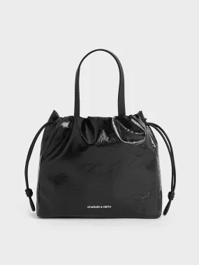 Mini Bethel Crinkle-Effect Ruched Drawstring Tote Bag - Black