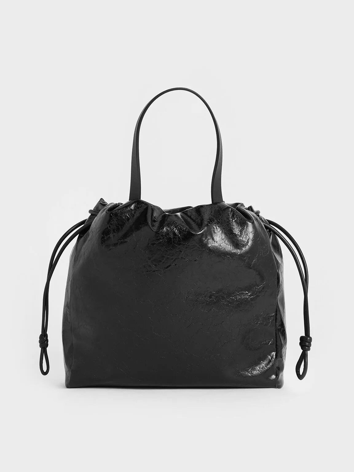 Mini Bethel Crinkle-Effect Ruched Drawstring Tote Bag - Black