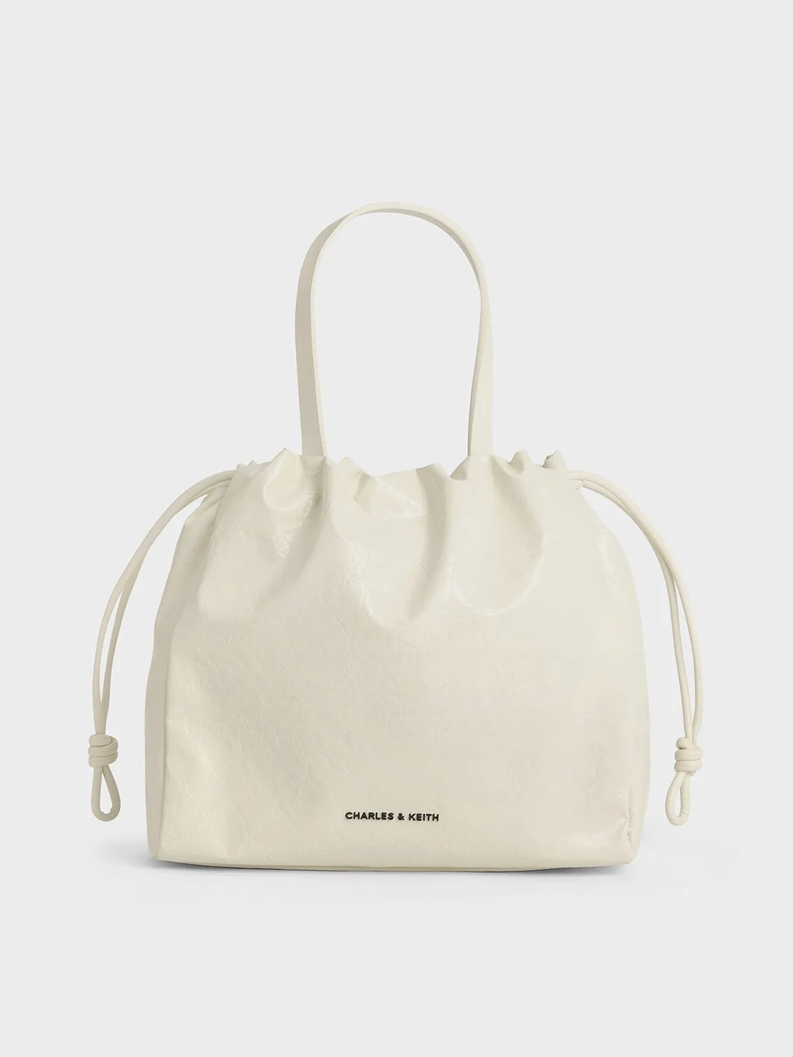 Mini Bethel Crinkle-Effect Ruched Drawstring Tote Bag - Cream