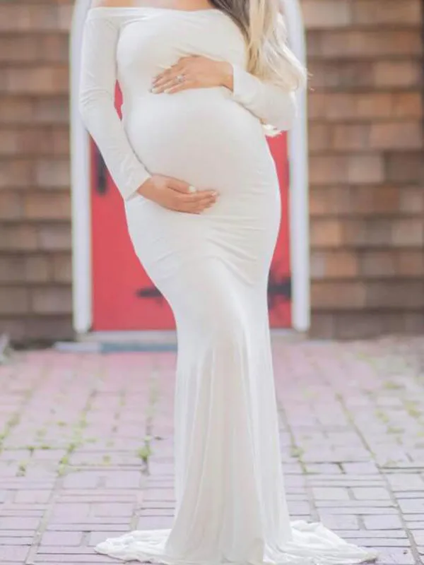 Momnfancy Off Shoulder Draped Mermaid Photoshoot Maternity Maxi Dress