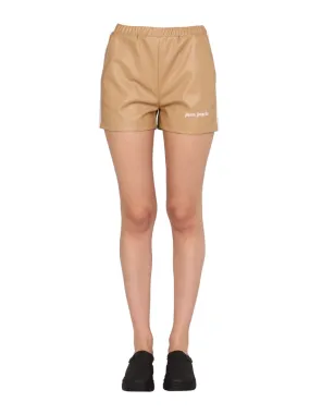 Palm Angels Logo Print Faux Leather Elastic Waist Shorts