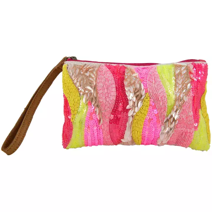 Pink/Yellow/Champagne Beaded Wristlet Purse w/ Leather Strap