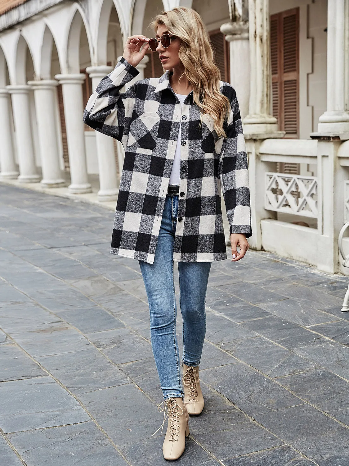 Plaid Collared Neck Long Sleeve Shirt