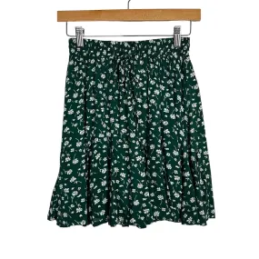 Polly Green with Cream Floral Print Drawstring Elastic Waist Skirt- Size 4 (see notes)