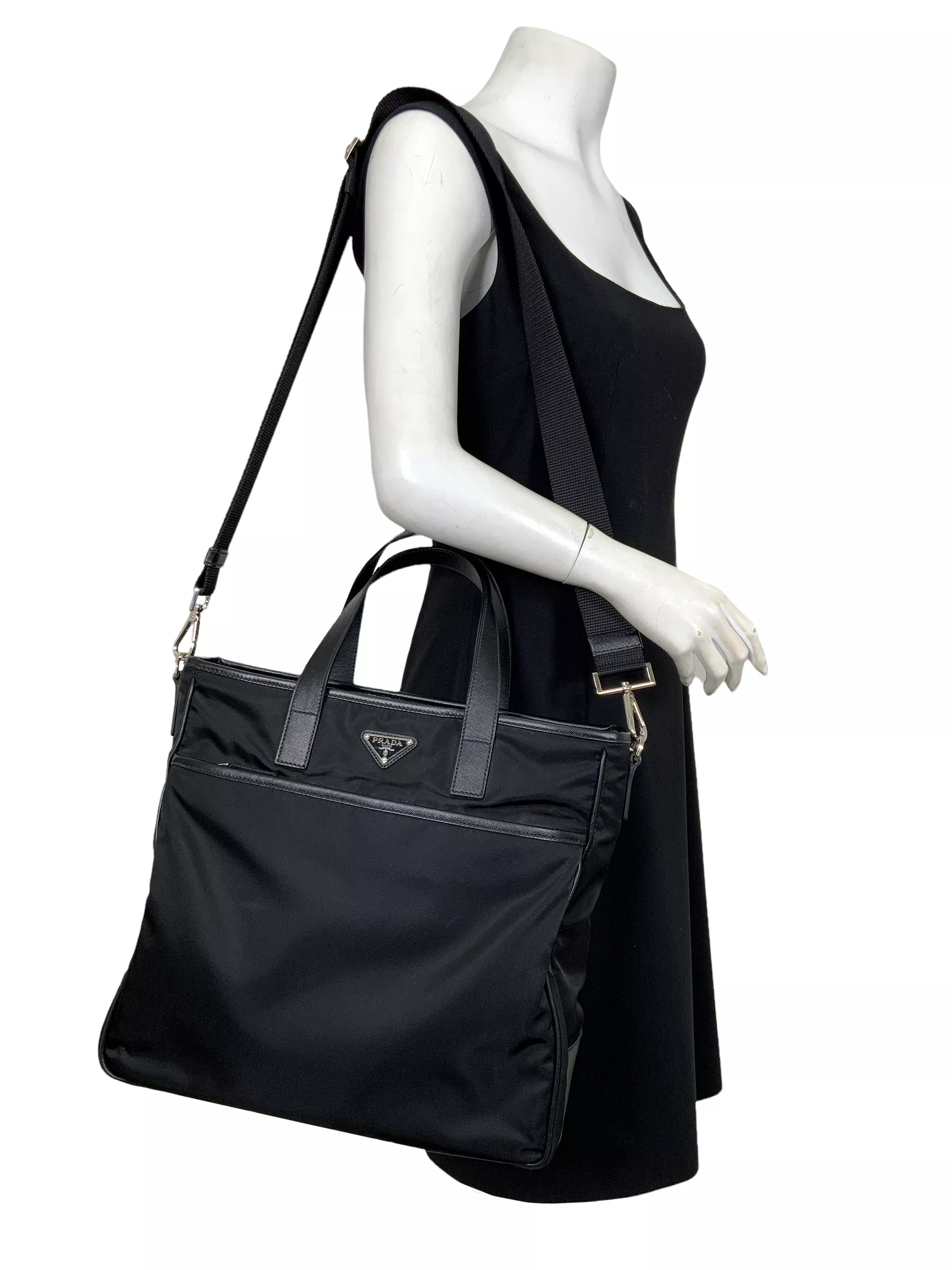 PRADA Zip Convertible Re-Nylon Shopping Tote with Saffiano