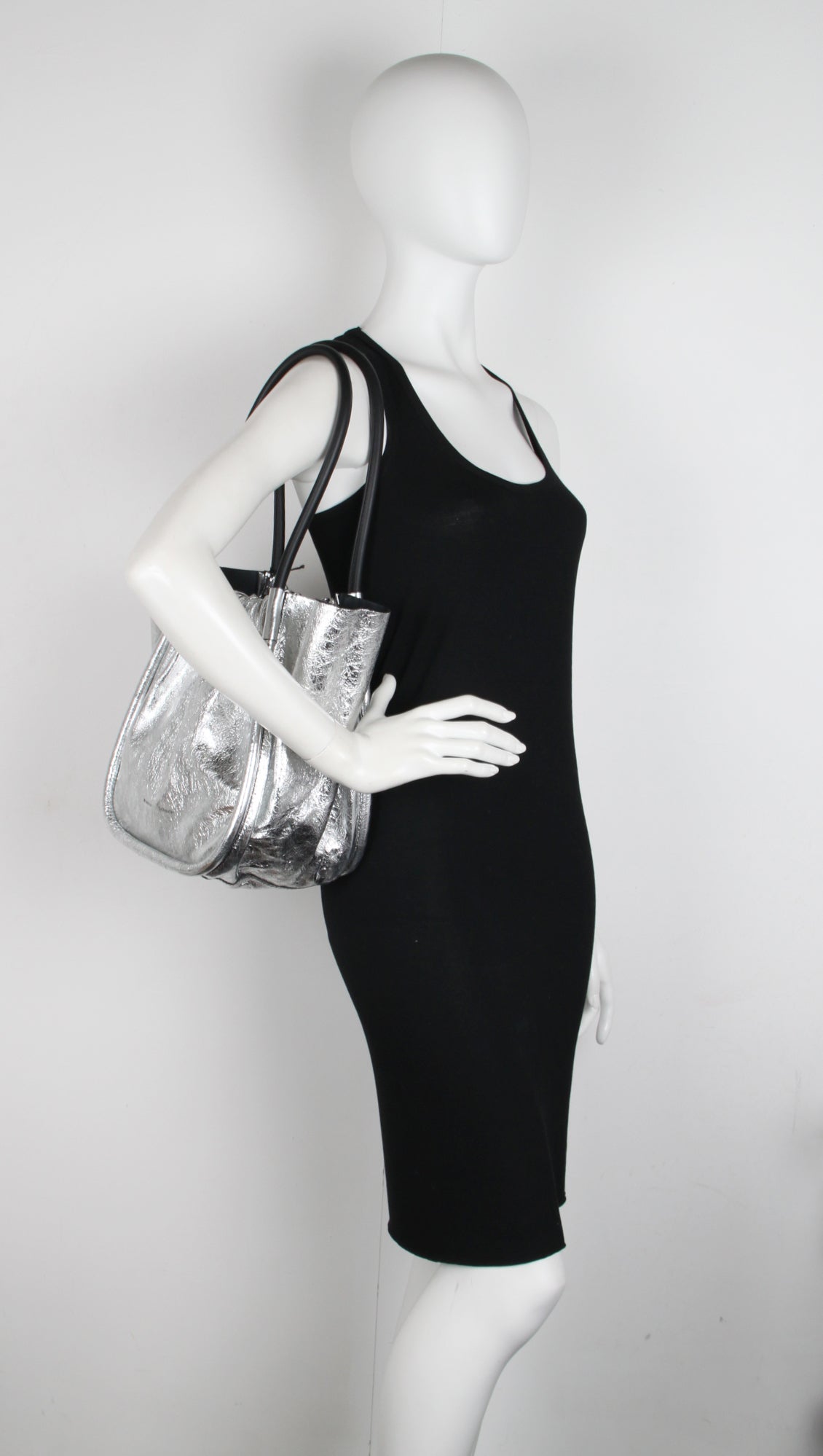 PS Ruched Tote Large Calf, Silver