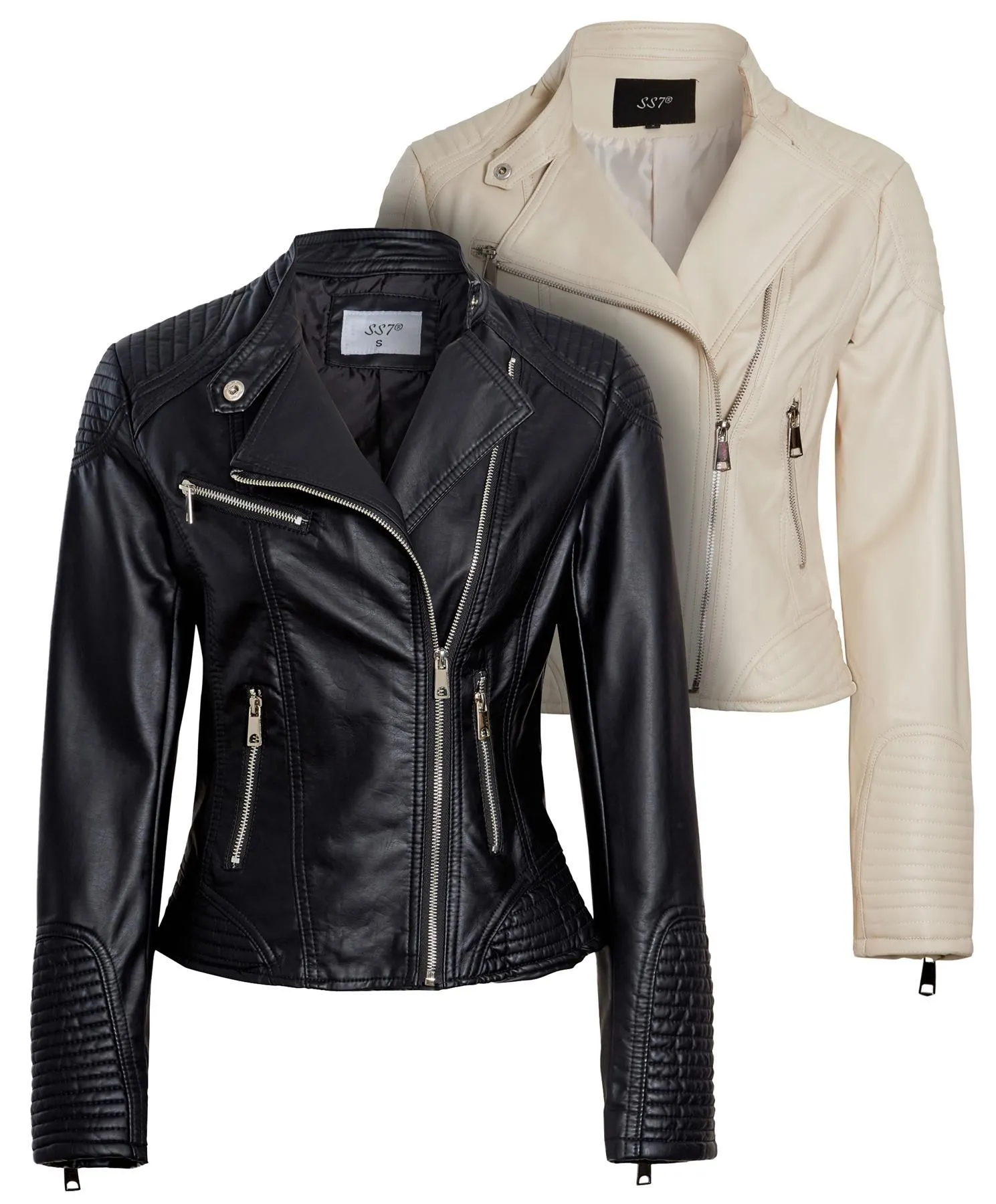 PU Faux leather Biker Jacket, Stone, Black, UK Sizes 8 to 16