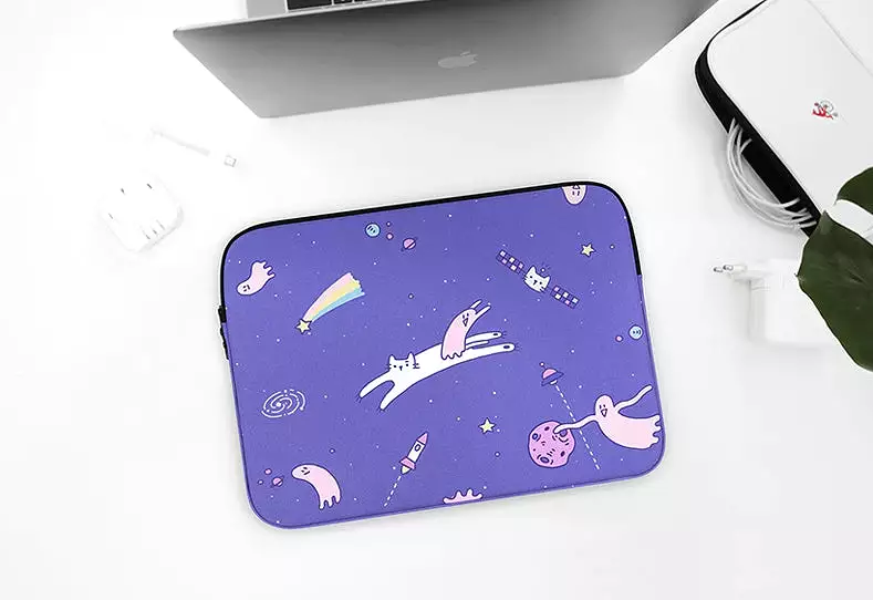 Purple Cat Space Graphic Laptop Sleeves iPad 11 13 15 inch Cases Protective Covers Handbags Square Pouches Designer Artist Print