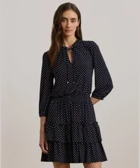 Ralph Lauren Women's Polka-Dot Jersey Tiered Tie-Neck Dress