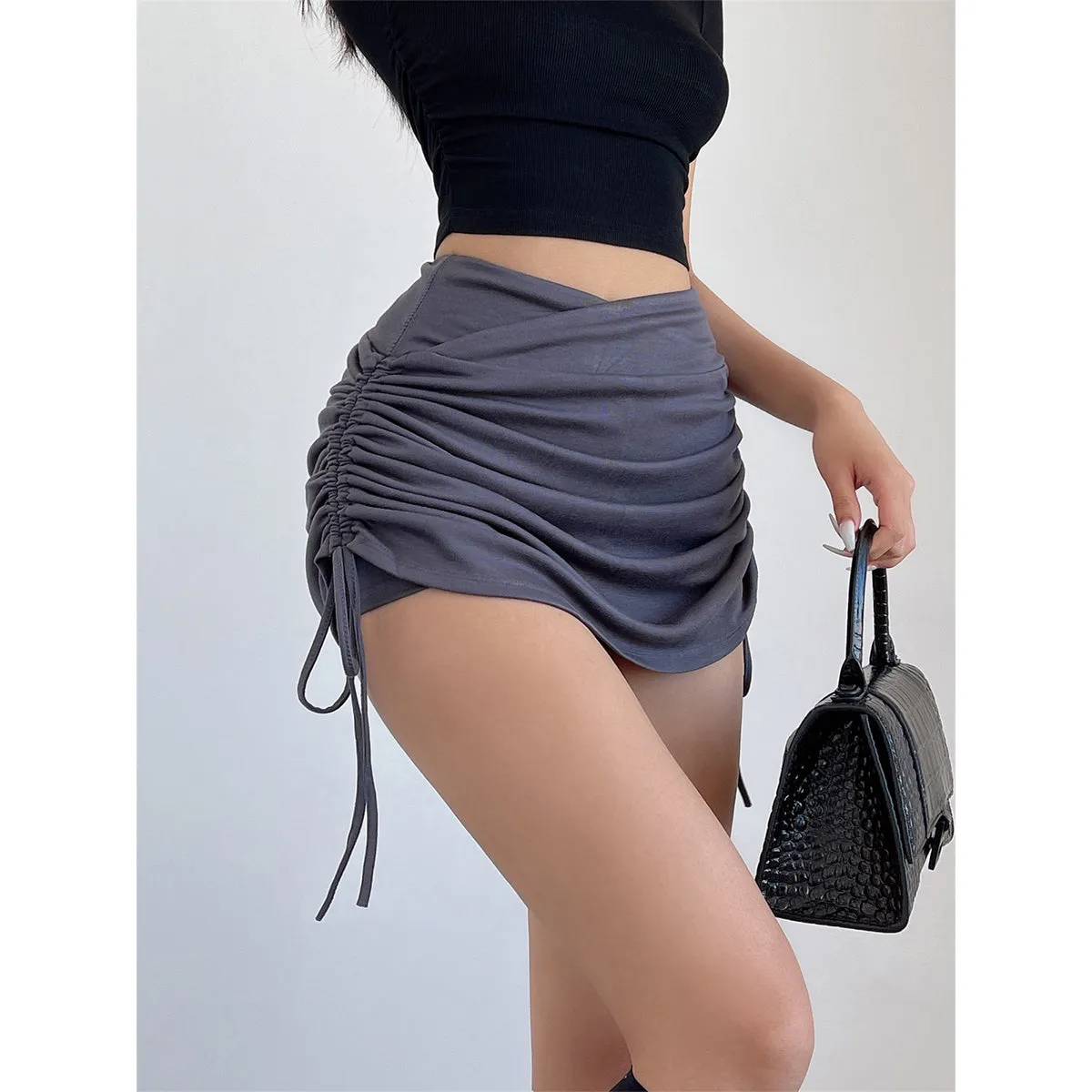 Ria Solid Color Drawstring Pleated High Cross-Waist Mini Skirt