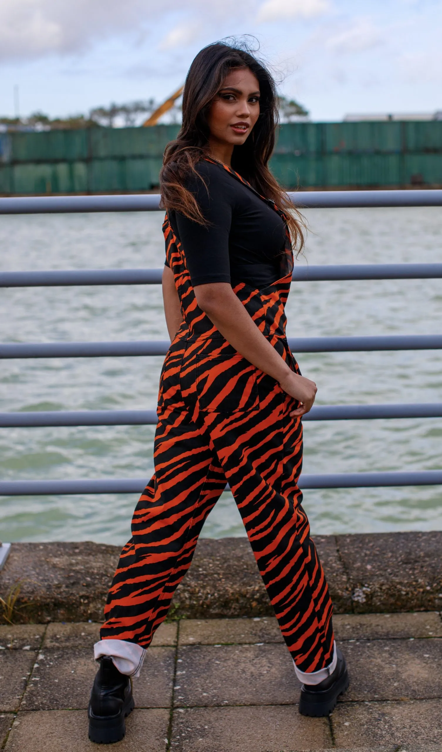 Run & Fly – Orange Zebra Print Stretch Twill Dungarees