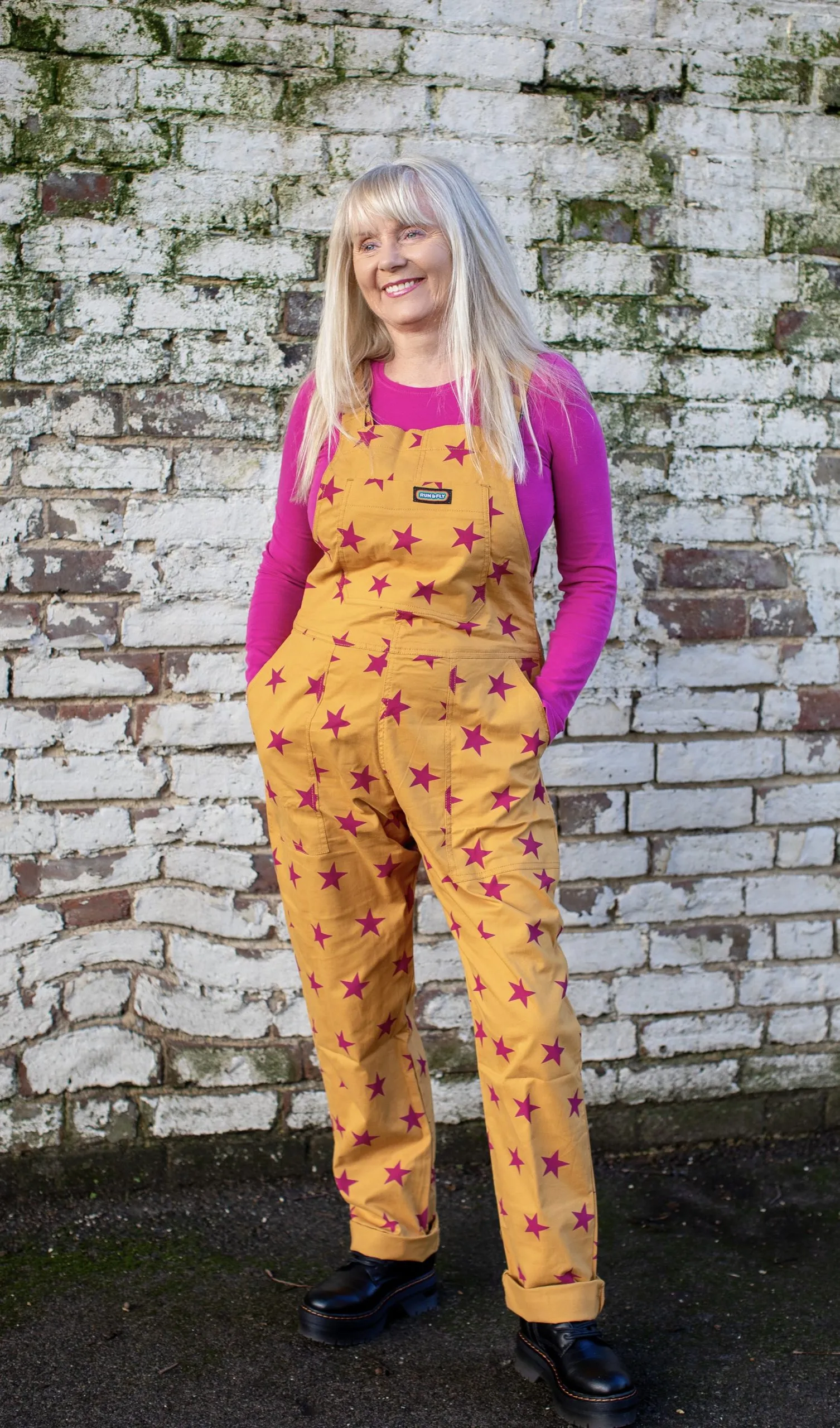 Run & Fly – Pink Stars Gold Stretch Twill Dungarees