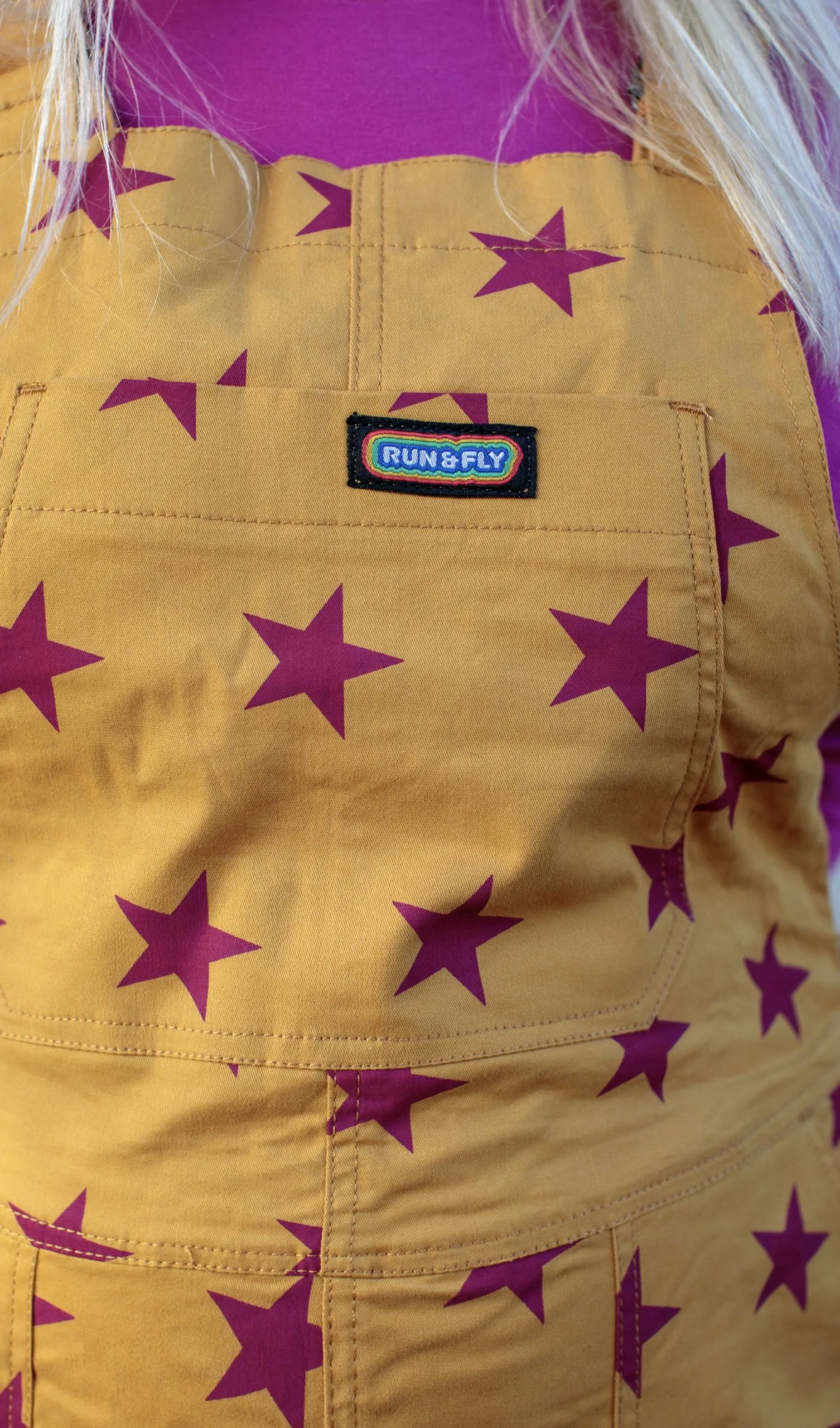 Run & Fly – Pink Stars Gold Stretch Twill Dungarees