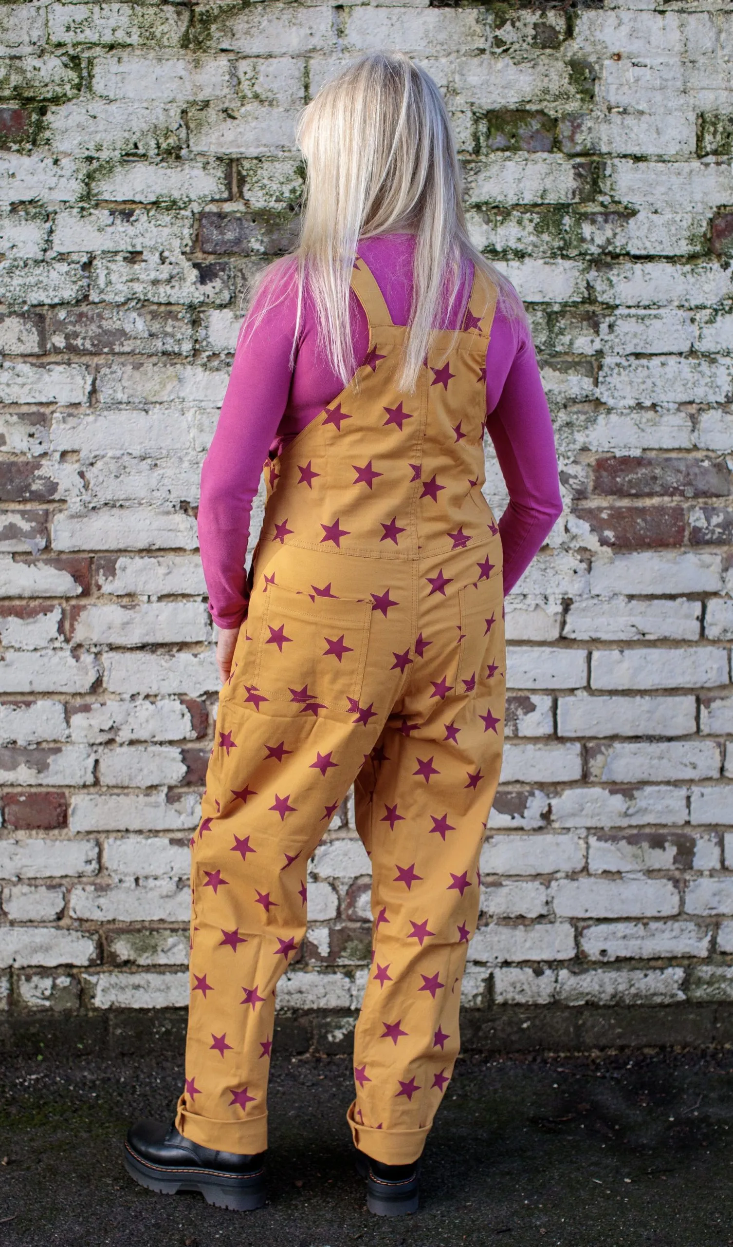 Run & Fly – Pink Stars Gold Stretch Twill Dungarees