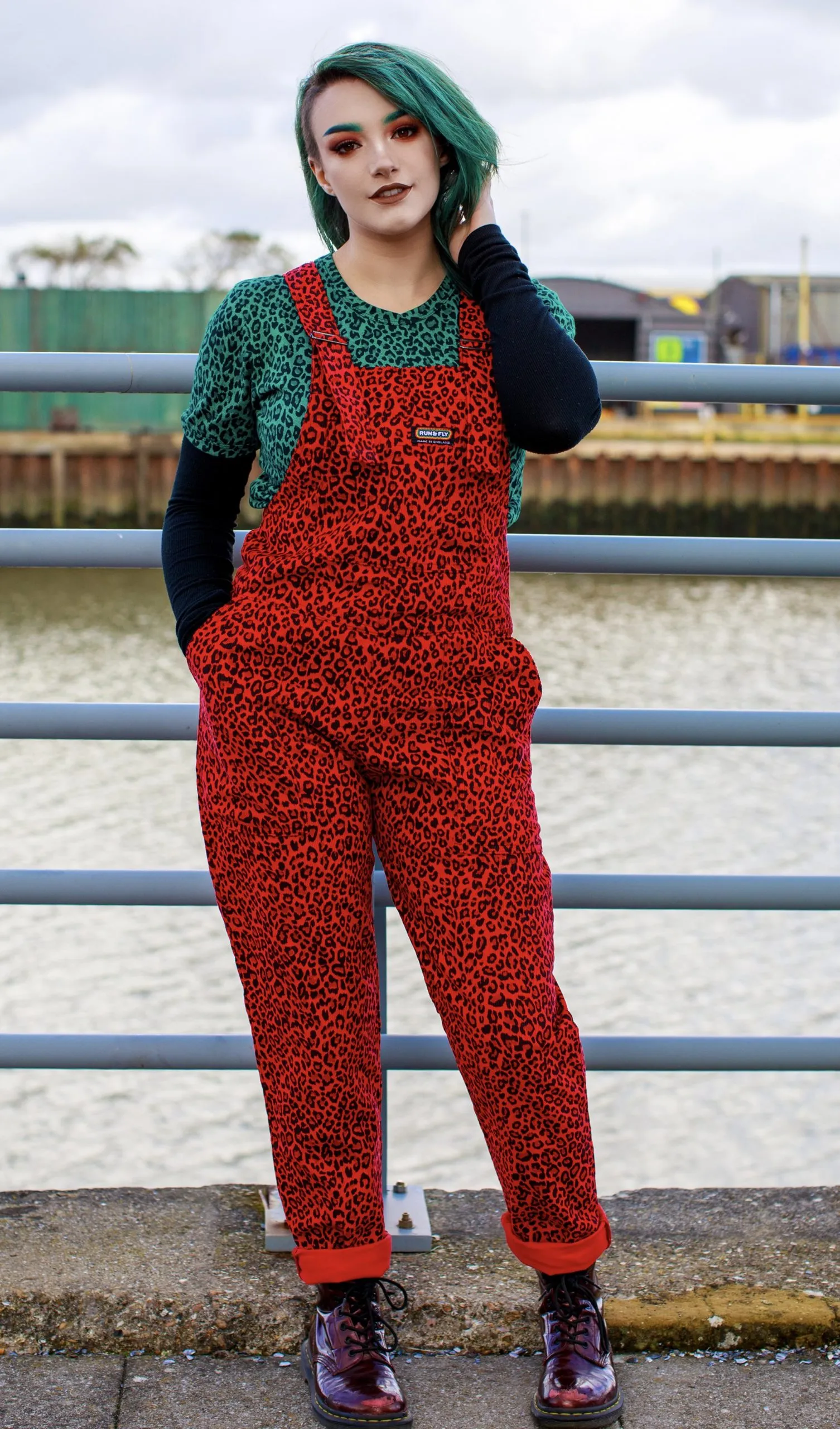 Run & Fly – Red Leopard Print Corduroy Dungarees