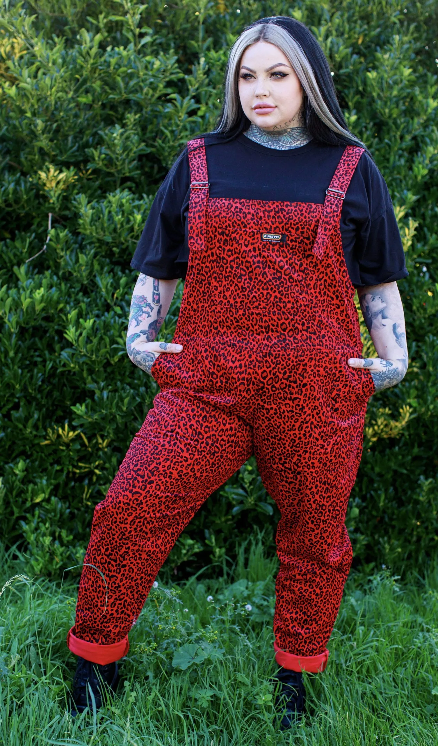 Run & Fly – Red Leopard Print Corduroy Dungarees