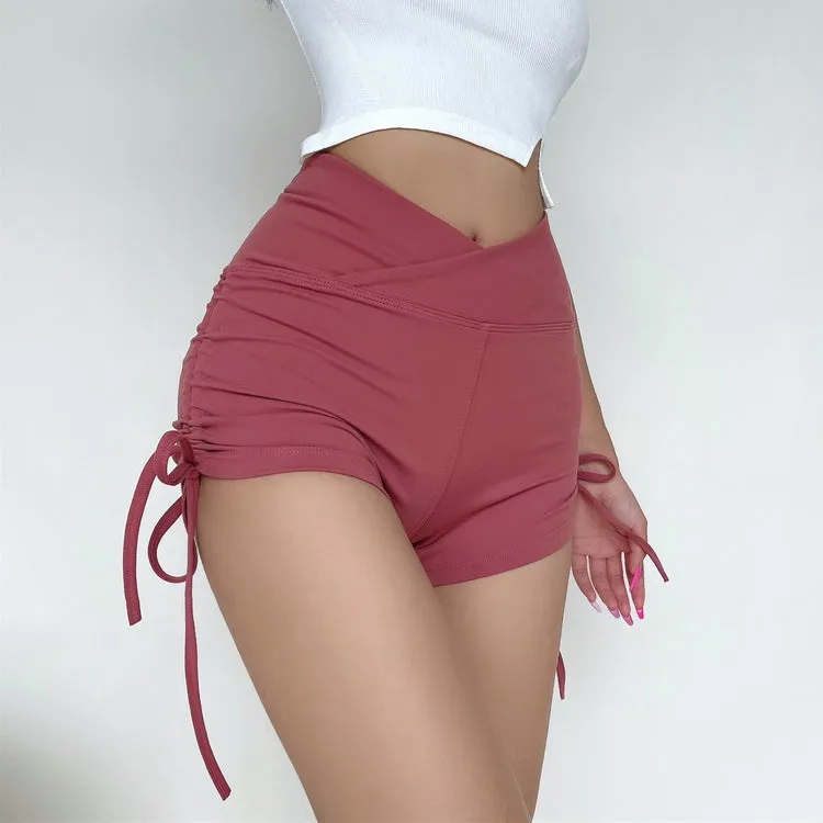 Sally Solid Color High V-Waist Slim Ruched Drawstring Shorts