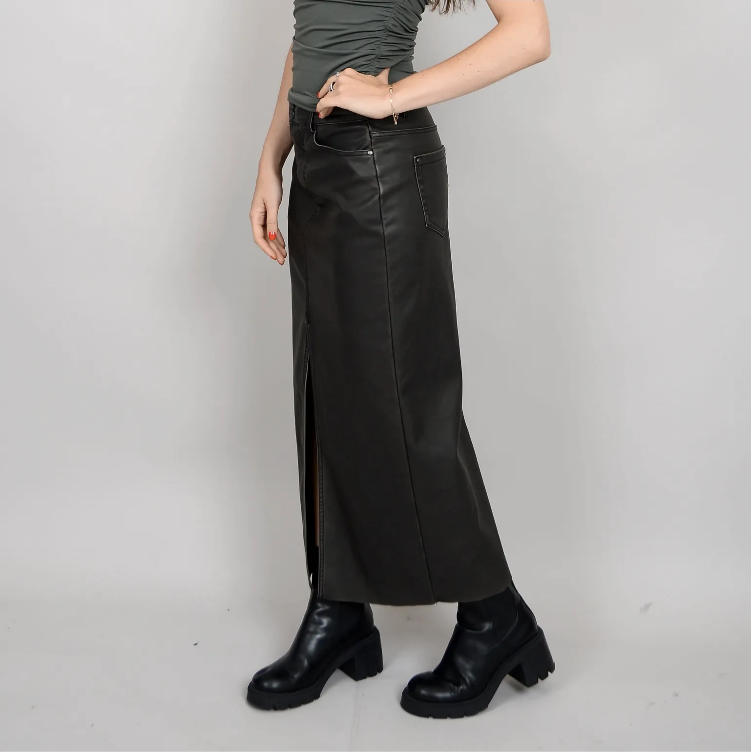 SHAY DISTRESSED FAUX LEATHER SLIT FRONT SKIRT