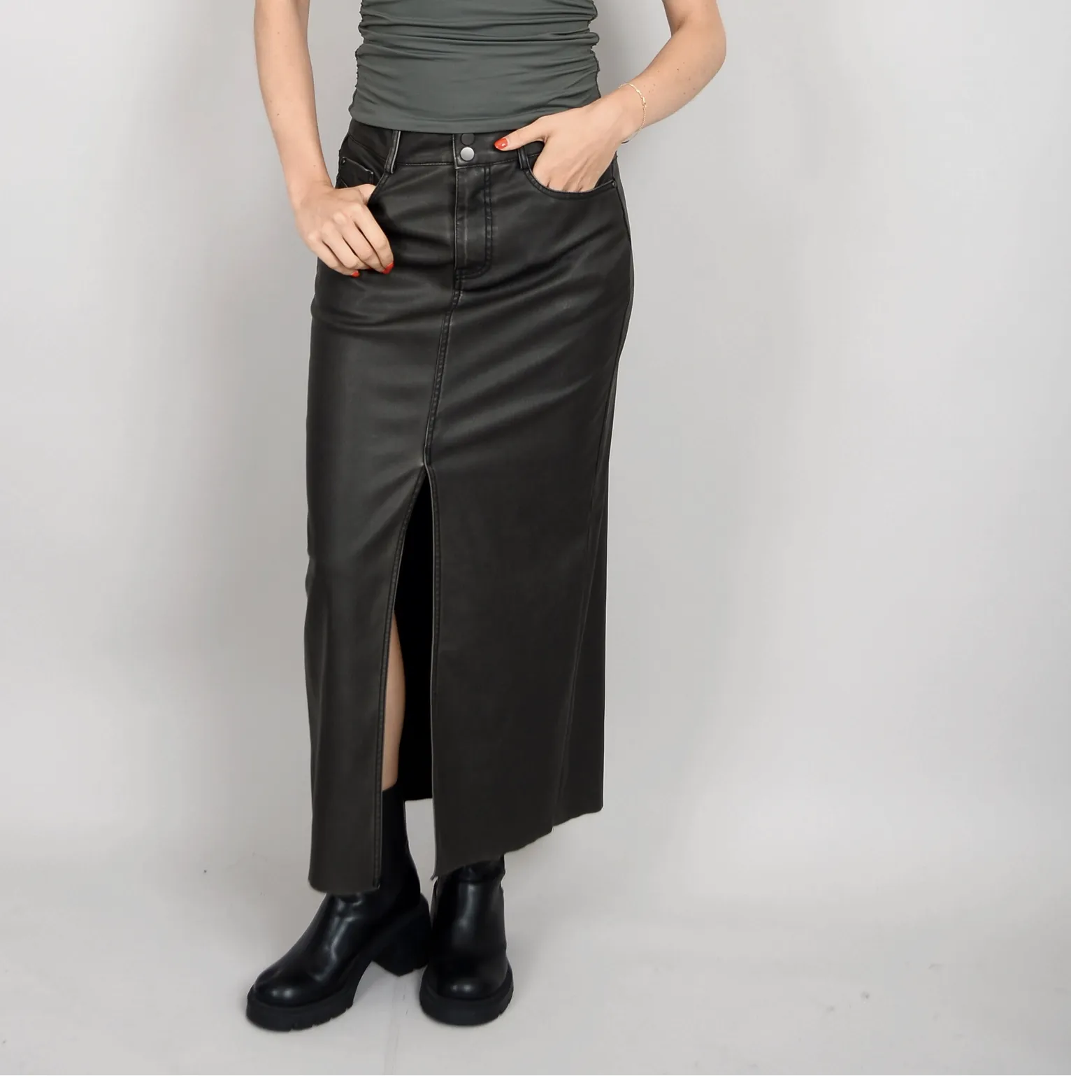 SHAY DISTRESSED FAUX LEATHER SLIT FRONT SKIRT