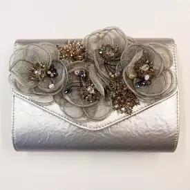 Silver Corsage Party Clutch Handbag With Chain