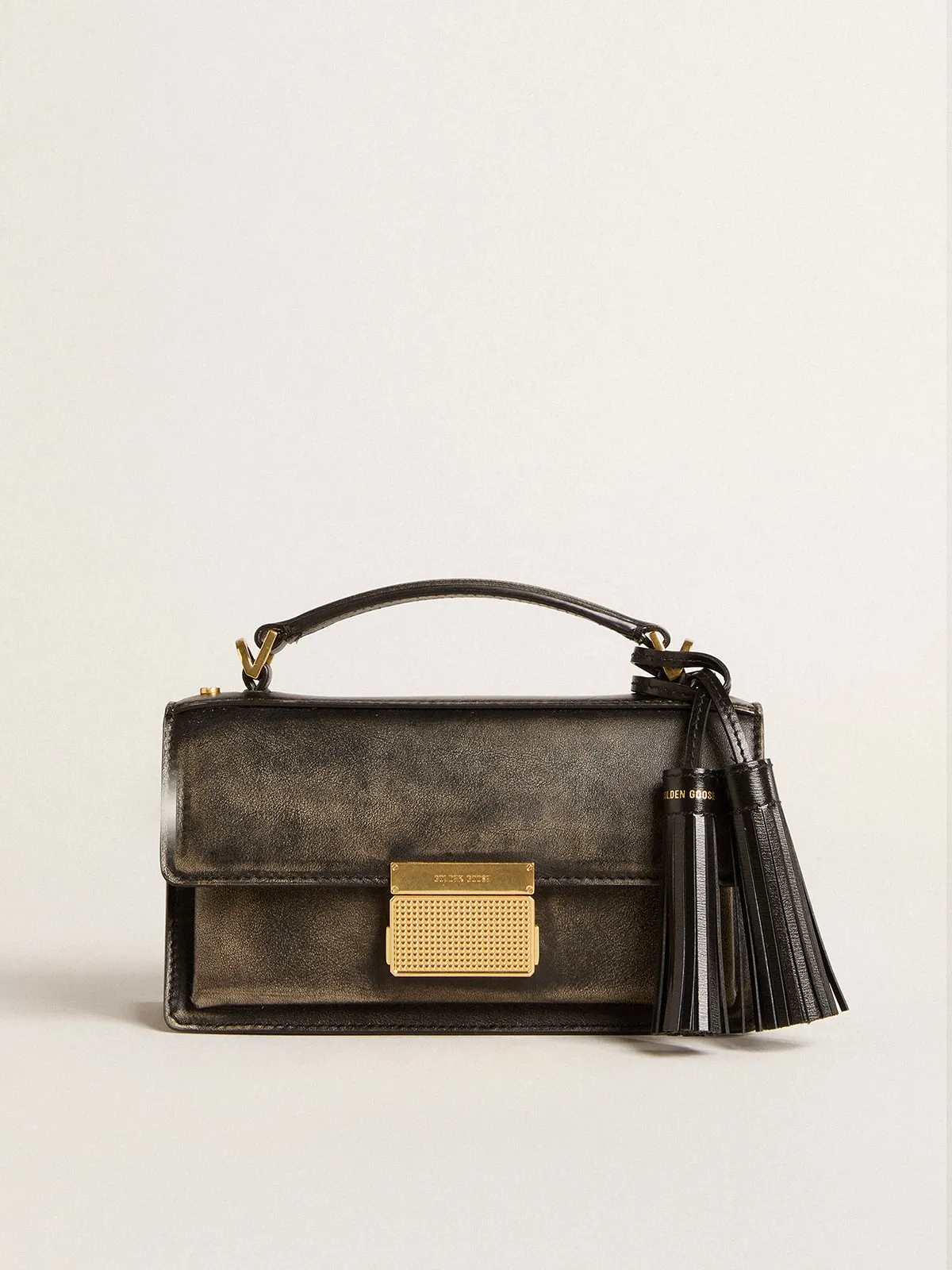 Small Venezia Bag in black distressed leather with gold details