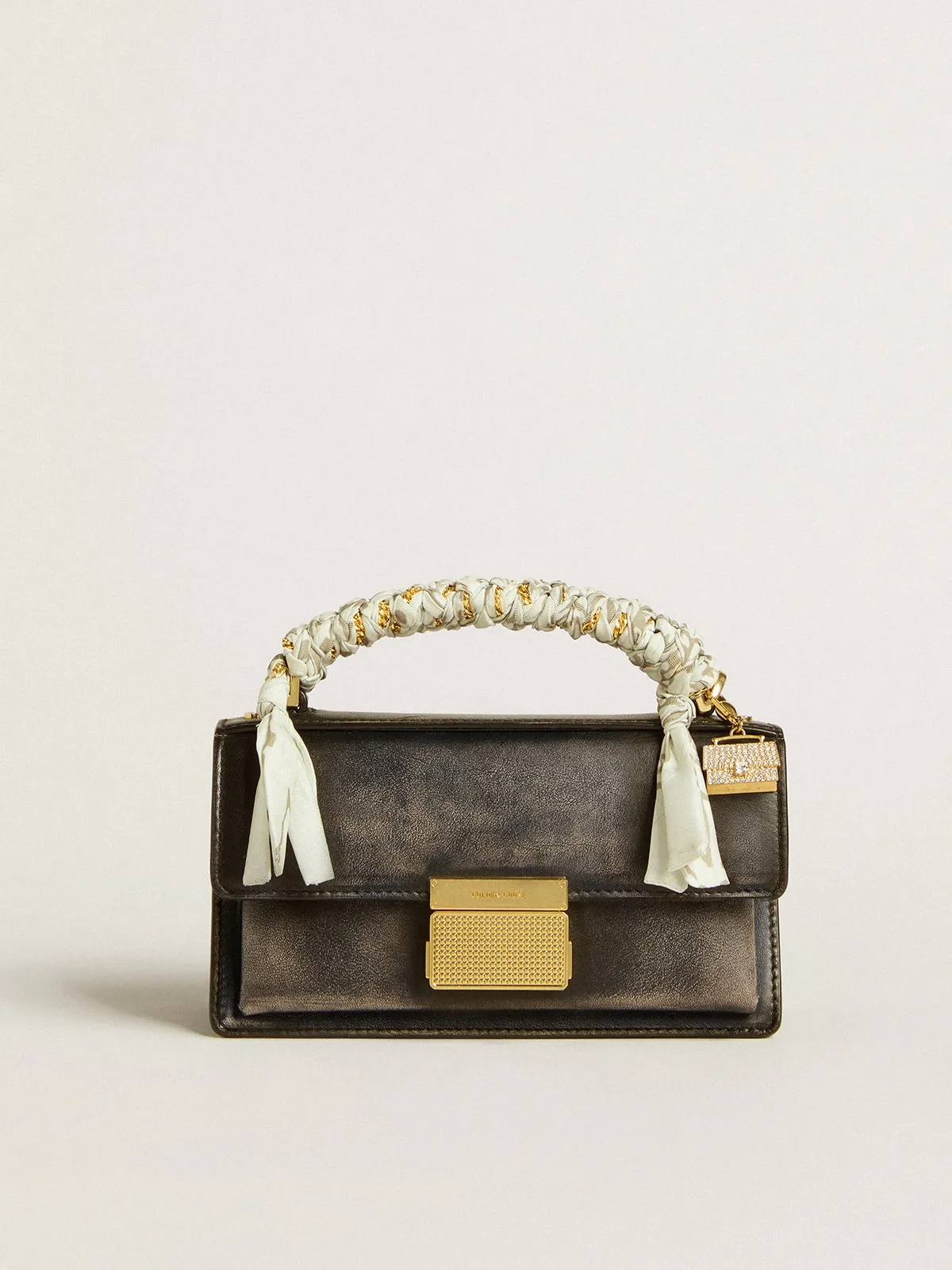 Small Venezia Bag in black distressed leather with gold details