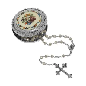 Symbols Of Faith Faux Pearl Rosary With Multicolor Floral Stone Rosary Box