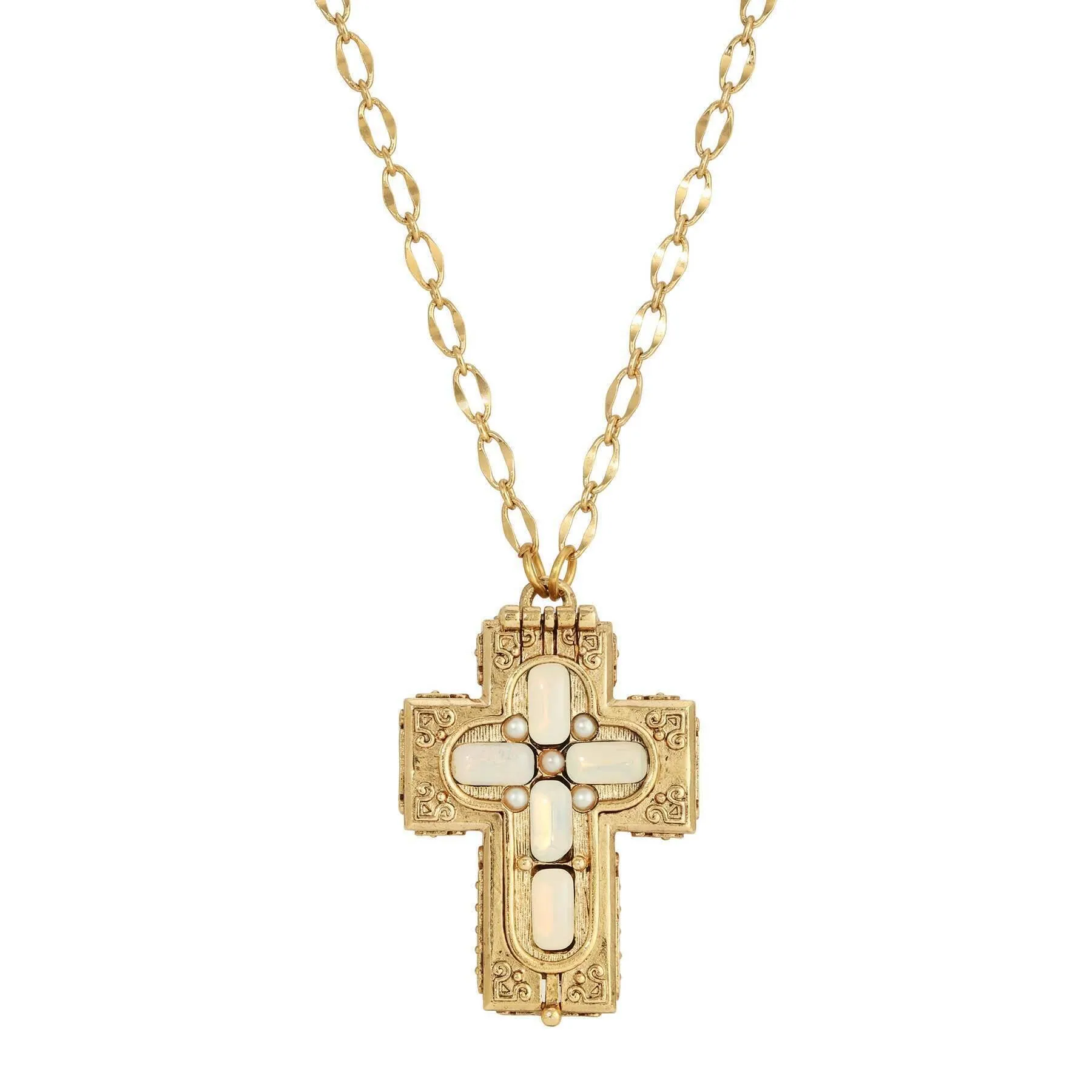 Symbols Of Faith Glass Stone Faux Pearl Cross Reliquary Pendant Necklace 32