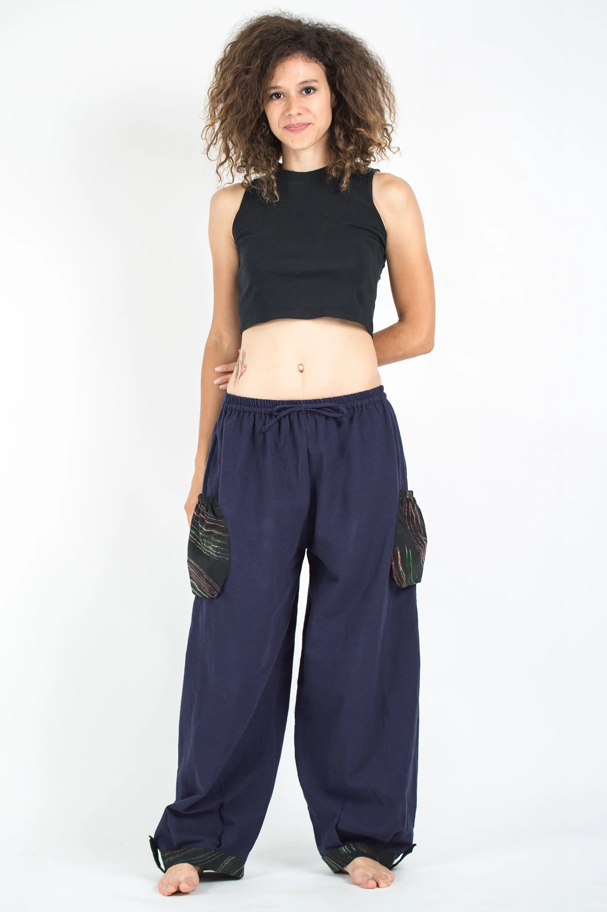 Thai Cotton Women Drawstring Pants With Hill Tribe Trim Navy