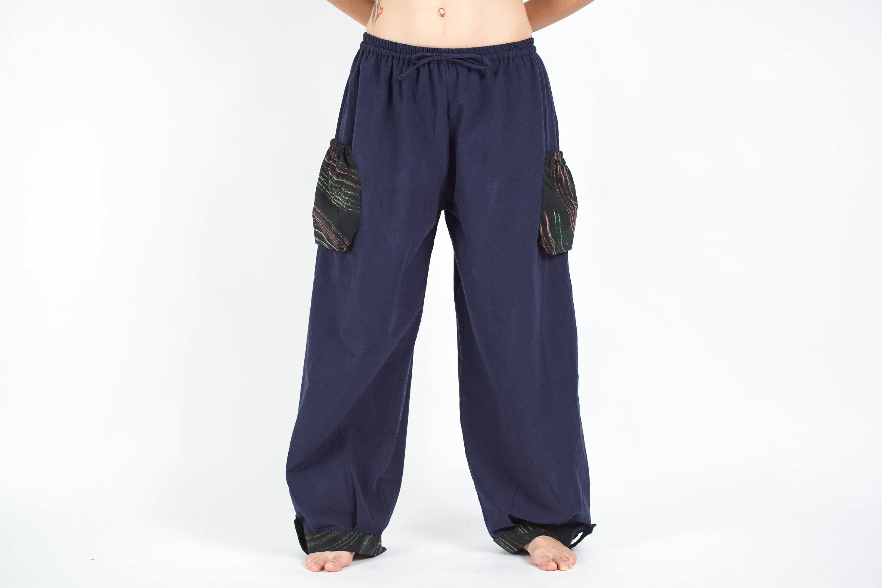 Thai Cotton Women Drawstring Pants With Hill Tribe Trim Navy