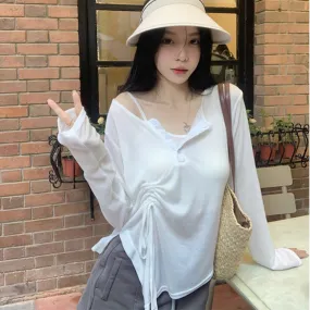 Thin drawstring design loose long sleeved sunscreen shirt+suspender women's fashion set LL-495