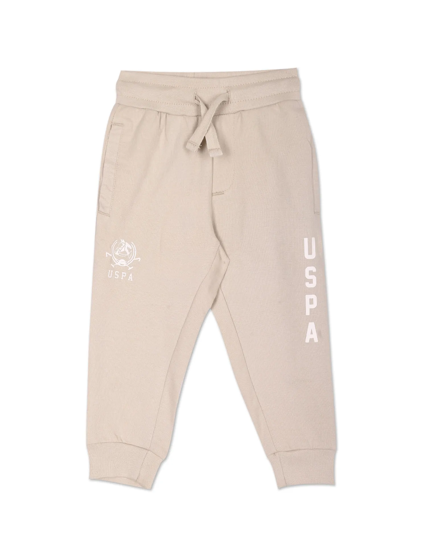 U.S. Polo Assn. Kids Boys Beige Drawstring Waist Brand Print Joggers