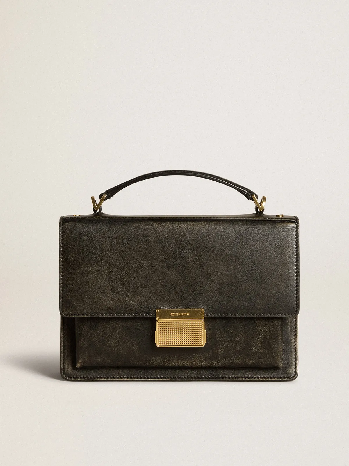 Venezia Bag in black distressed leather with gold details