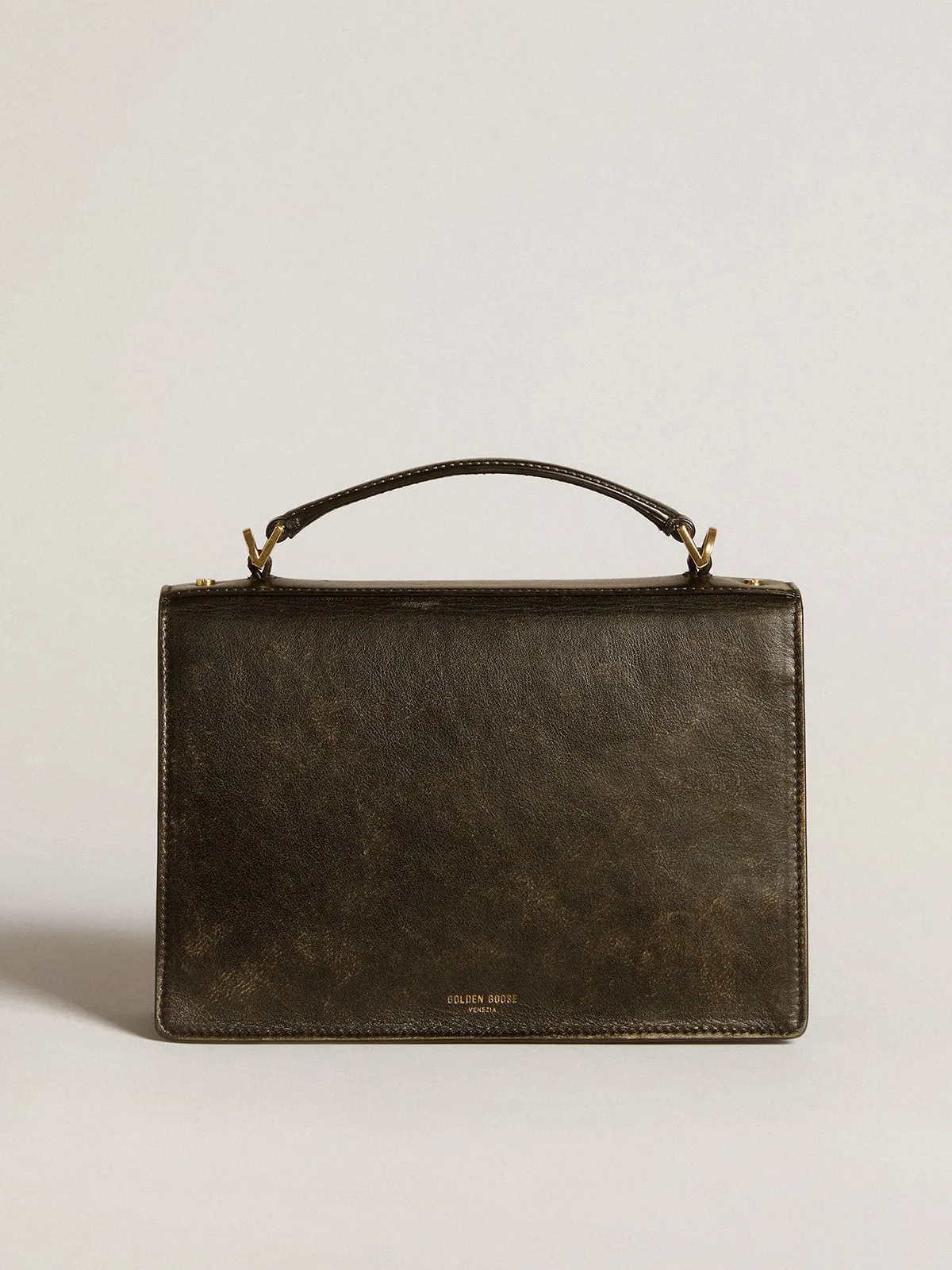 Venezia Bag in black distressed leather with gold details