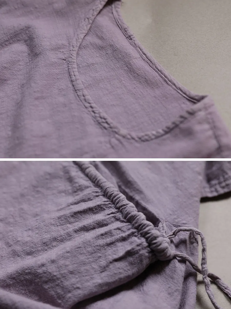 Women Spring Vintage Purple Drawstring Cotton Shirt SC1018