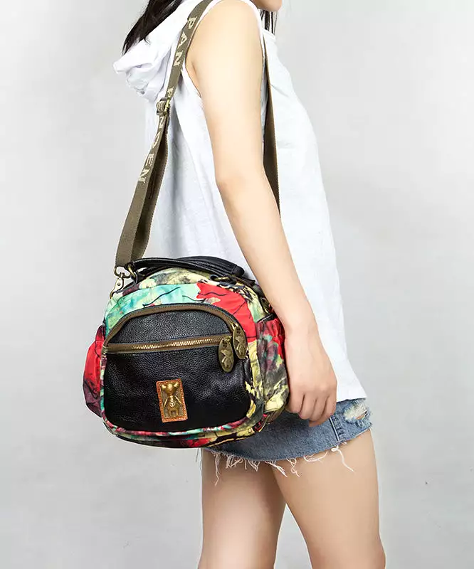 Women Yellow Print Cotton Patchwork Calf Leather Messenger Bag ZX1053