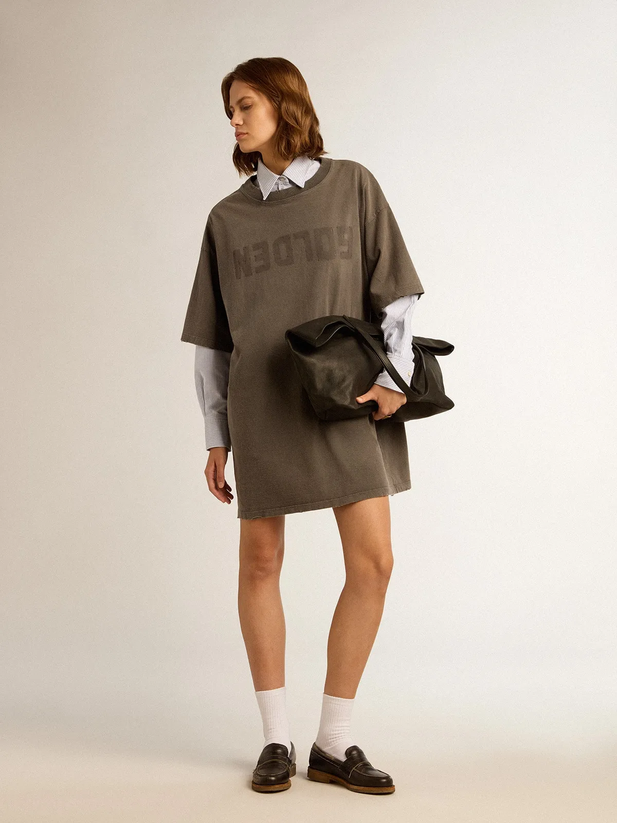 Women's gray T-shirt dress with distressed treatment